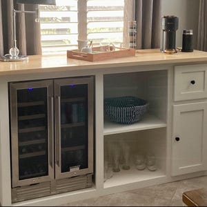 Wine Cabinet with Open Shelf Storage, Custom Coffee Bar Console, Farmhouse Liquor Cabinet with Fridge Slot