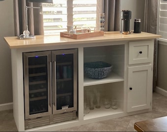 Wine Cabinet with Open Shelf Storage, Custom Coffee Bar Console, Farmhouse Liquor Cabinet with Fridge Slot