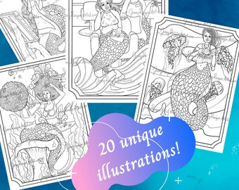Könnte beinhalten: Ein Satz von vier Schwarzweiß-Malvorlagen mit Meerjungfrauen in verschiedenen Posen. Die Seiten sind mit einem dekorativen Rand gerahmt und enthalten den Text "20 einzigartige Illustrationen!"