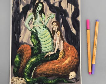May include: A painting of two women with snake tails, one with green scales and the other with orange scales. The women are in a dark forest setting with trees and vines. The woman with the green tail is holding a skull in her hand.