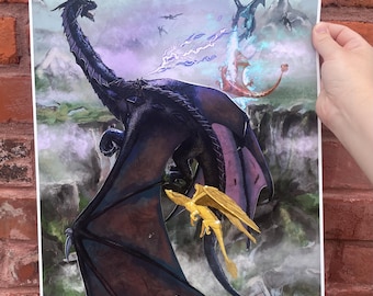 May include: A fantasy illustration of three dragons flying in a cloudy sky. The largest dragon is black with purple wings and a long tail with a spiky end. A smaller, golden dragon flies behind the black dragon. A blue dragon with a long tail flies in the background.
