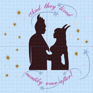 May include: Silhouette of a couple with horns and crowns, standing together against a blue background with gold stars. The text "And they lived nerdily ever after!" is written in pink below the couple.