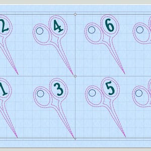 May include: A blue grid background with eight pairs of pink scissors, each with a different number from 1 to 8 written in dark blue on the blades.