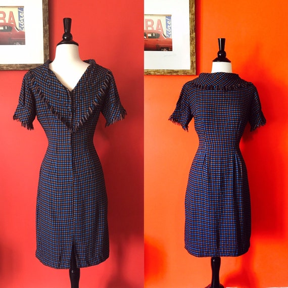 1950s Plaid Wiggle Dress, Blue Rust Fringe, Mad Men Style