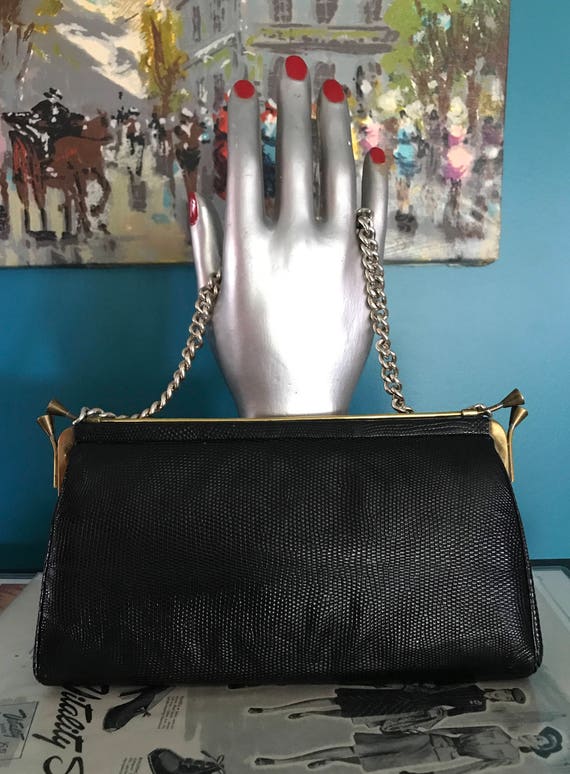 40's 50s Black Lizard Skin Clutch Handbag Brass Ac