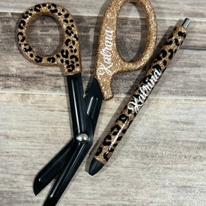 Badge Reel and Pen Set, Trauma Shears, Glitter Shears, RN Badge Reel, LPN Badge Reel, Custom Trauma Sheers, Leopard Nurse Badge Reel