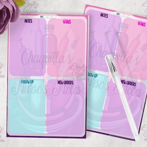 May include: Two printable nurse's note sheets with a pink and blue color scheme. Each sheet has sections for notes, vitals, follow up, and new orders. The sheets feature a syringe and medical equipment design.