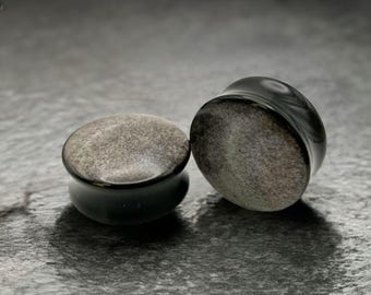 Silver Obsidian Plugs – Pair Double Flare Stone Gauges for Stretched Ears – Sizes 2G to 1" (6mm–25mm)