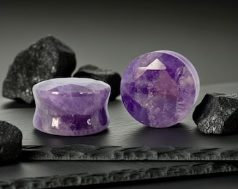 Faceted Amethyst Plugs, Double Flare Stone Ear Gauges
