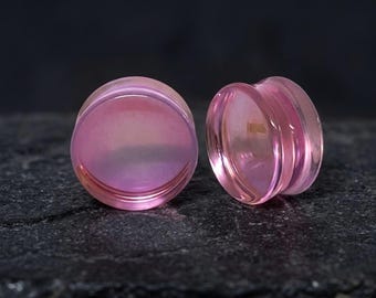 Pink Iridescent Glass Plugs, Double Flare Ear Gauges Pair