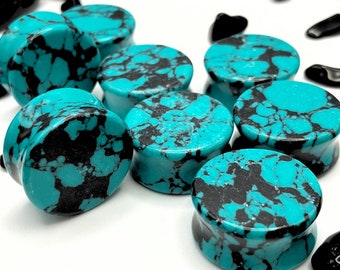 Retro Teal Turquoise Stone Plugs, 0G, 00G, Stone Ear Gauges, Ear Stretchers,  6mm, 8mm, 10mm, 12mm, 16mm, 19mm, 22mm, 25mm