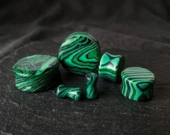 Malachite Stone Plugs, Gauges, 2G Plugs, 0G, 00G, Stone Ear Gauges, Ear Stretchers, 6mm, 8mm, 10mm, 12mm, 14mm, 16mm, 19mm, 22mm, 25mm