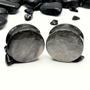 Silver Obsidian Plugs, 0G, 00G, Stone Ear Gauges, Ear Stretchers,  6mm, 8mm, 10mm, 12mm, 16mm, 19mm, 22mm, 25mm