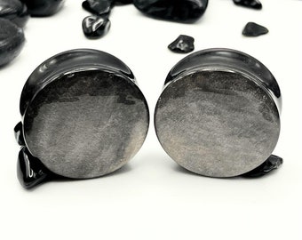 Silver Obsidian Plugs, 0G, 00G, Stone Ear Gauges, Ear Stretchers,  6mm, 8mm, 10mm, 12mm, 16mm, 19mm, 22mm, 25mm