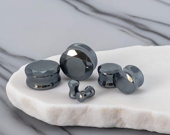 Hematite Plugs Faceted Stone: Double Flare (6mm-25mm)