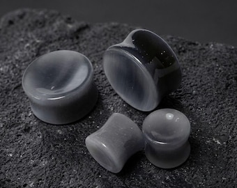 Silver Cat Eye Stone Plugs - Concave Double Flare Gauges for Stretched Ears
