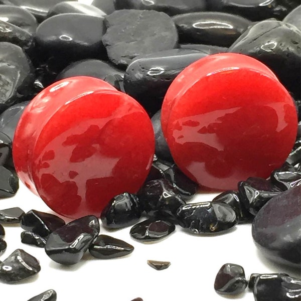 Red Jade Stone Plugs, Ear Gauges, Ear Stretchers, 0G, 00G, 6mm, 8mm, 10mm, 12mm, 14mm, 16mm, 19mm, 22mm, 25mm