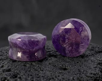 Faceted Amethyst Plugs, Double Flare Stone Ear Gauges