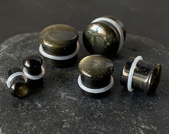 Golden Obsidian Single Flare Stone Plugs – Natural Ear Gauges (Pair) for Stretched Ears, Organic Earlets 6mm–25mm