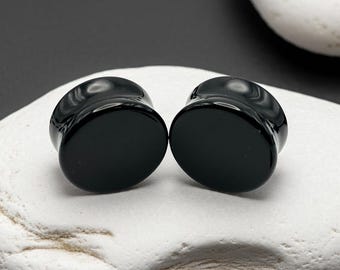 Obsidian Stone Plugs – Pair Double Flare Gauges for Stretched Ears – Sizes 2G to 1" (6mm–25mm)