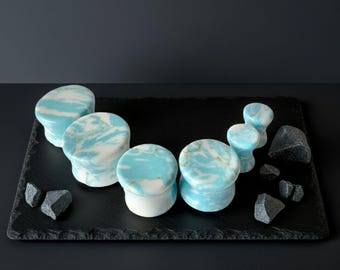 Sky Turquoise Stone Plugs, Double Flare Ear Gauges (Pair)