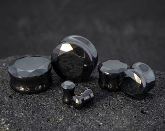 Hematite Plugs Faceted Stone: Double Flare (6mm-25mm)