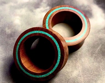 Tunnels en bois de Sawo, Bouchons, turquoise écrasé, 0G, 00G, Jauges auriculaires, 6 mm, 8 mm, 10 mm, 12 mm, 14 mm, 16 mm, 19 mm, 22 mm, 25 mm,