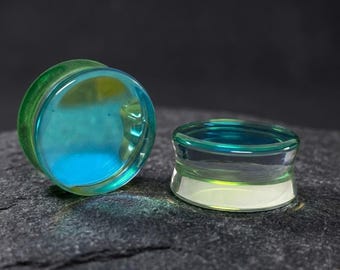 Green Iridescent Glass Plugs, Double Flare Ear Gauges Pair