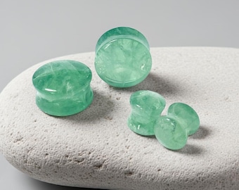Green Fluorite Stone Plugs 6mm - 25mm | 1 Pair Organic Crystal Ear Gauges 2G - 1 Inch | Spiritual Handmade Body Jewelry for Stretched Ears