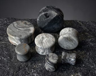 Wave Jasper Plugs For Stretched Ears, 1 Pair of Stone Gauges