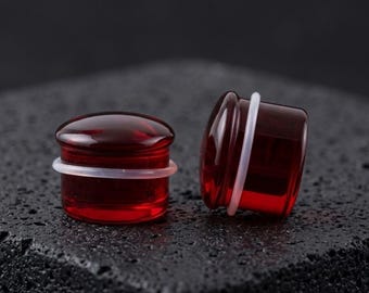 Red Glass Plugs, Single Flare Ear Gauges Pair