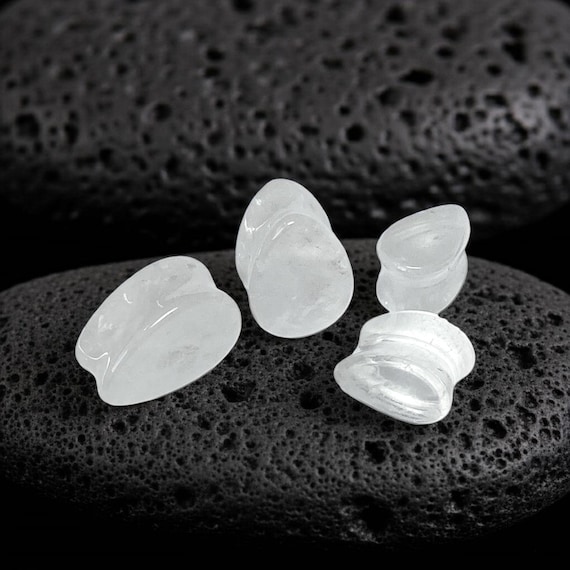 Icicle Quartz Teardrop Plugs: Frosted Stone Ear Gauges, Double Flare Tunnels