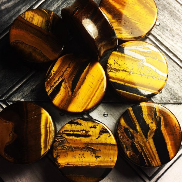 Premium Tigers Eye Stone Plugs | Double Flare | 5mm-25mm | 1 Pair |