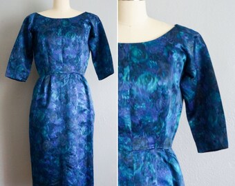 1950er Jahre Wiggle Kleid | vintage 50er jahre blaues kleid | vintage 50er jahre satin pin-up kleid | vintage 50er jahre Cocktailkleid