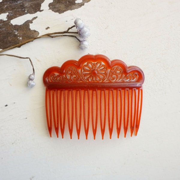 1970s Medallion art deco style hair comb | vintage 70s tortoise art deco hair comb | vintage plastic art deco hair comb