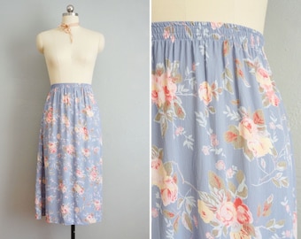 1990s Pressed Blooms rayon floral skirt | vintage 90s rayon floral skirt | 90s vintage cottage skirt | 90s pink floral rayon skirt