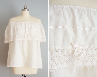 Vintage Summer Days gauzy top | vintage off shoulder cotton top | vintage gauzy cotton top | off-shoulder cream cotton top