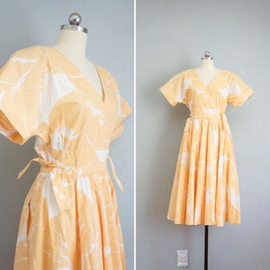 1980s Neiman Marcus yellow floral dress | vintage 80s does 50s cotton day dress | vintage 80s sundress | fit and flare cotton dress
