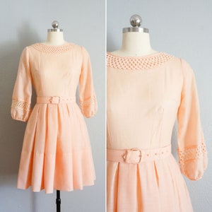 1950s Blushing Peach day dress | vintage 50s pink dress | 50s vintage fit and flare cotton dress romantic sleeves | 50s poet sleeve dress