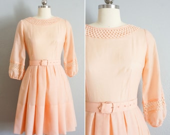 1950s Blushing Peach day dress | vintage 50s pink dress | 50s vintage fit and flare cotton dress romantic sleeves | 50s poet sleeve dress