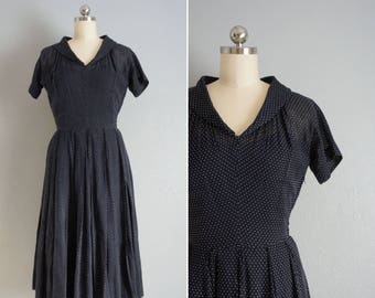 1950s Rainy Day polk-a-dot dress | vintage 50s fit and flare dress | 50s vintage polk-a-dot dress xs/small