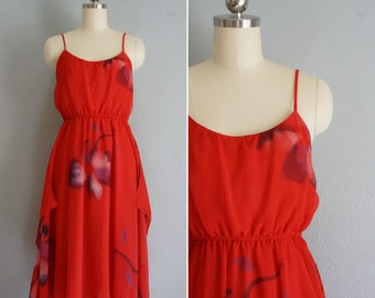 1970s New Leaf red floral dress | vintage 70s red party dress | 70s poly floral red dress | vintage 70s red floral dress