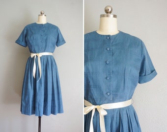 1950s Blue Skies cotton dress | vintage 50s day dress | 50s fit and flare dress | 1950s cotton blue dress | 50s blue cotton shirtdress