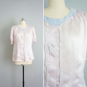1930s/1940s Lavender Dreams satin top | vintage 40s purple lace top | vintage 40s satin blouse | 40s pale purple puff sleeves top