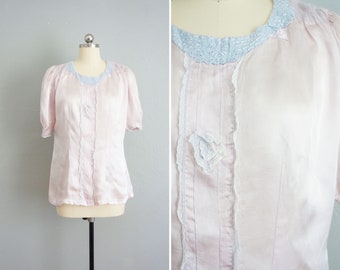 1930s/1940s Lavender Dreams satin top | vintage 40s purple lace top | vintage 40s satin blouse | 40s pale purple puff sleeves top