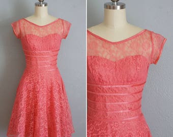1950s Thinking of You pink lace dress | vintage 50s lace dress | vintage party dress fit and flare xs | vintage 1950s pink lace dress