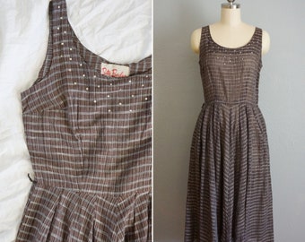 1950s Good Company plaid day dress | vintage 50s rhinestone brown plaid | 50s fit and flare | 50s Betty Barclay dress