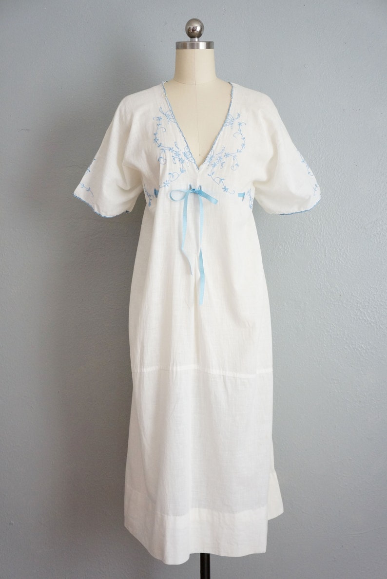 Edwardian Fluttering Vines cotton dress vintage 1910s embroidered cotton nightgown 1910s white and blue cotton dress image 2