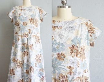 1960s Muted Tones floral print dress | vintage 60s floral cotton dress | vintage 60s cotton floral sundress | 60s blue wiggle dress