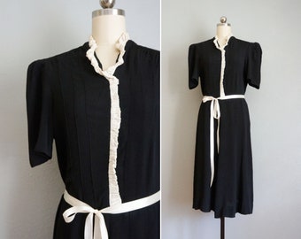 1940s Hold With Your Heart rayon dress | vintage 40s puff sleeve rayon dress | 40s vintage volup black rayon dress | 40s ruffle dress